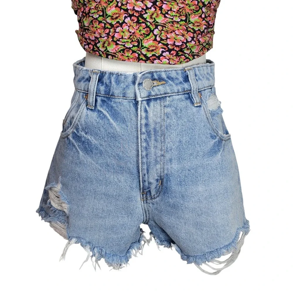 Rolla's High Rise Duster Denim Shorts Distressed Frayed Hem Vintage Wash 26